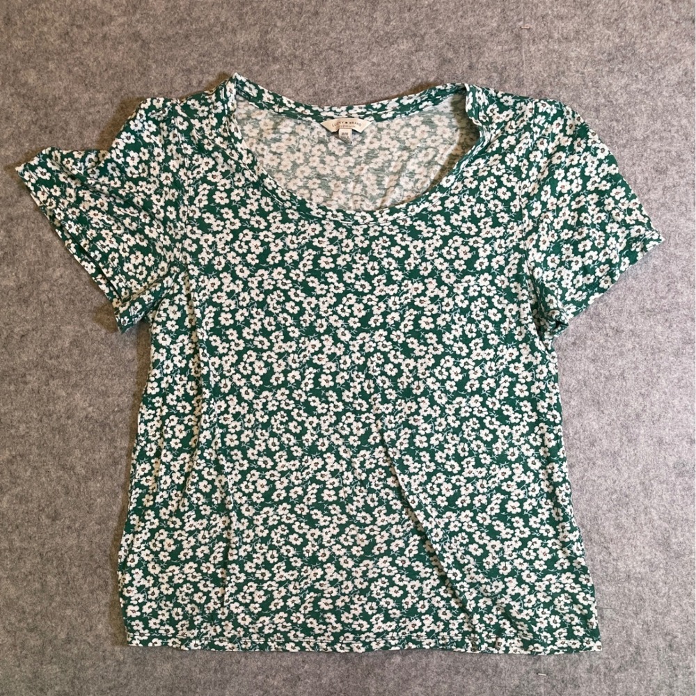 Lucky Brand Womens Green White Floral Daisy Scoop Neck Short Sleeve Top Size M